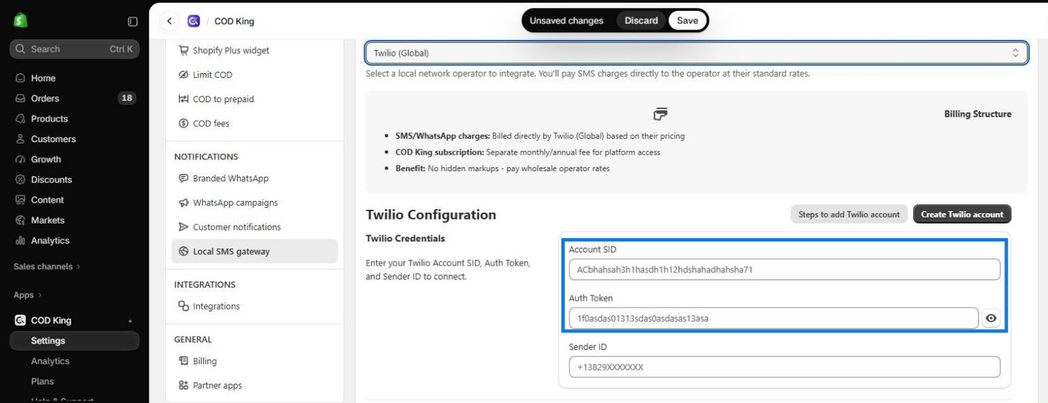 Account SID and Auth Token fields