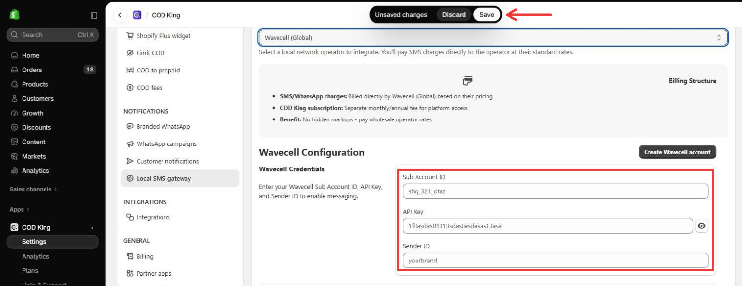 Wavecell credential fields and Save button