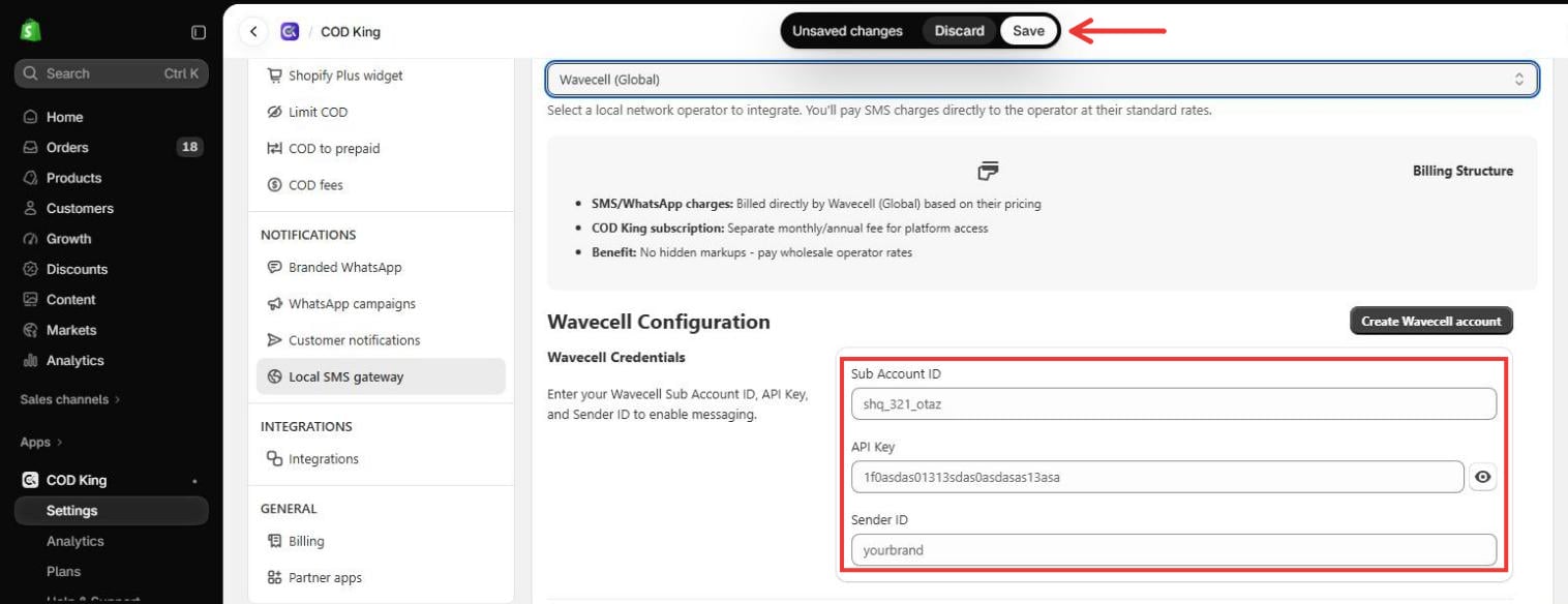 Wavecell credential fields and Save button