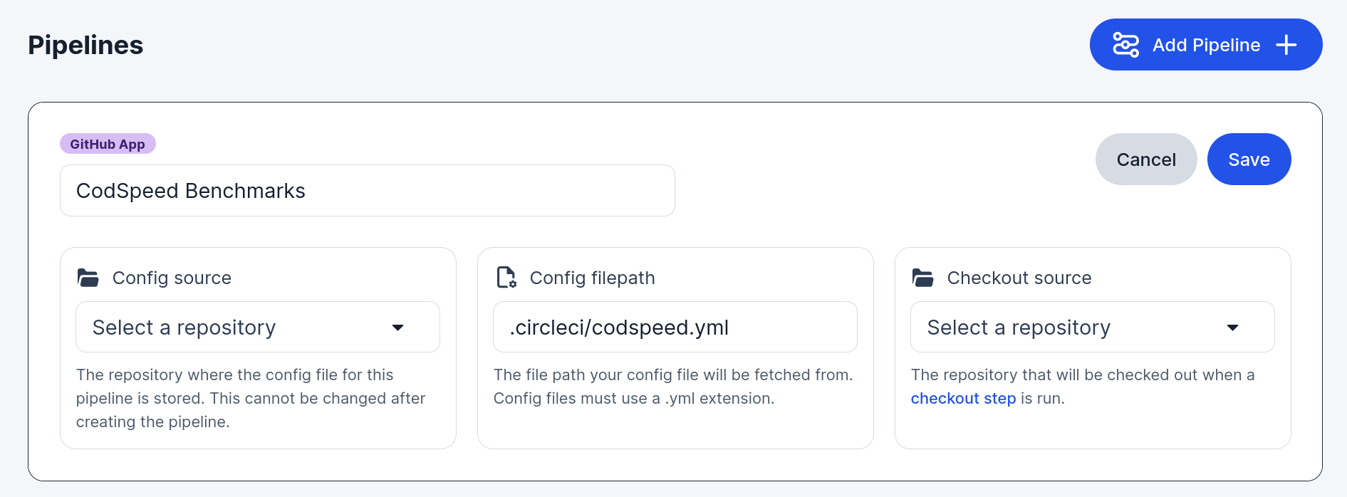 The CircleCI add pipeline form, with the config filepath set to .circleci/codspeed.yml