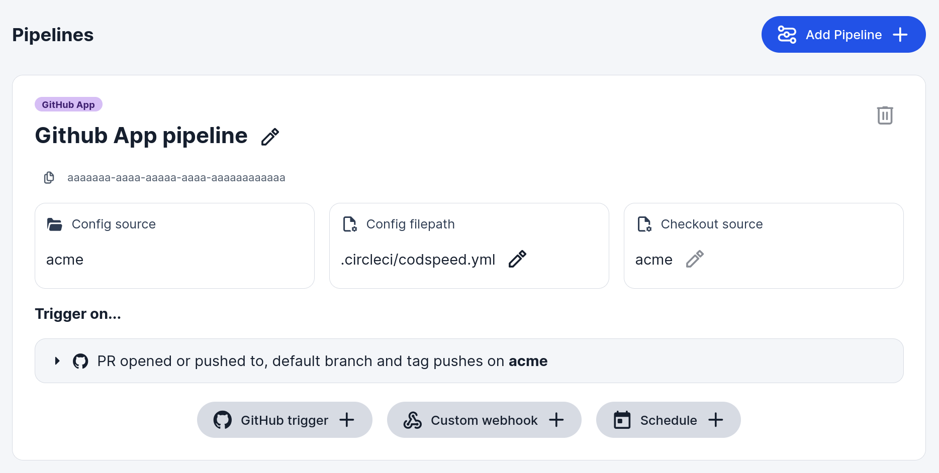 The CircleCI Pipelines page listing the benchmarks pipeline, built from .circleci/codspeed.yml and triggered on PR opened or pushed to, default branch and tag pushes