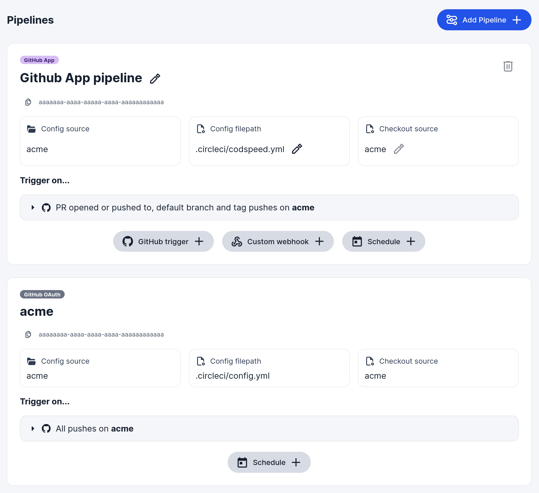 The CircleCI Pipelines page listing a GitHub App pipeline built from .circleci/codspeed.yml and a GitHub OAuth pipeline built from .circleci/config.yml
