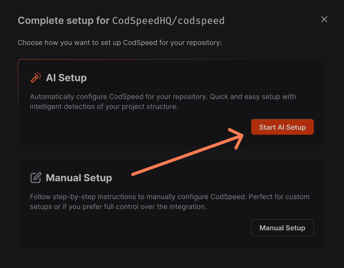The setup modal showing AI Setup and Manual Setup options, with the Start AI Setup button highlighted