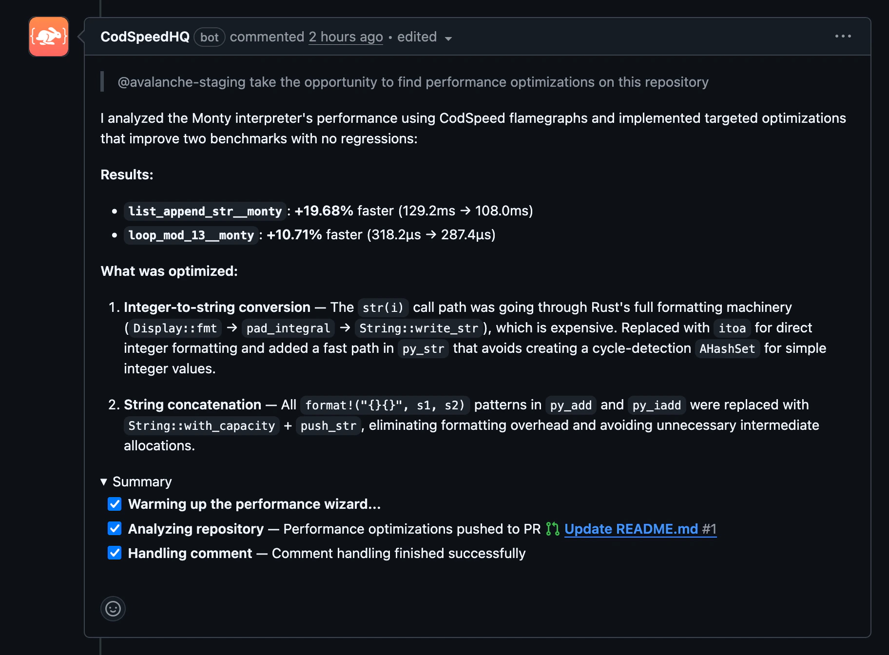 @codspeedbot responding to a GitHub pull request comment with a performance breakdown and proposed fix