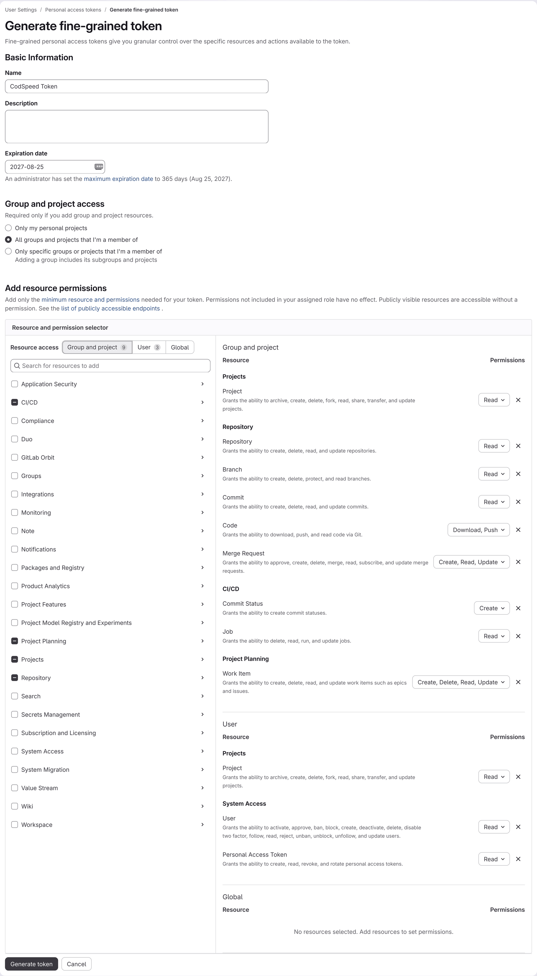 Create a fine-grained Personal Access Token on GitLab