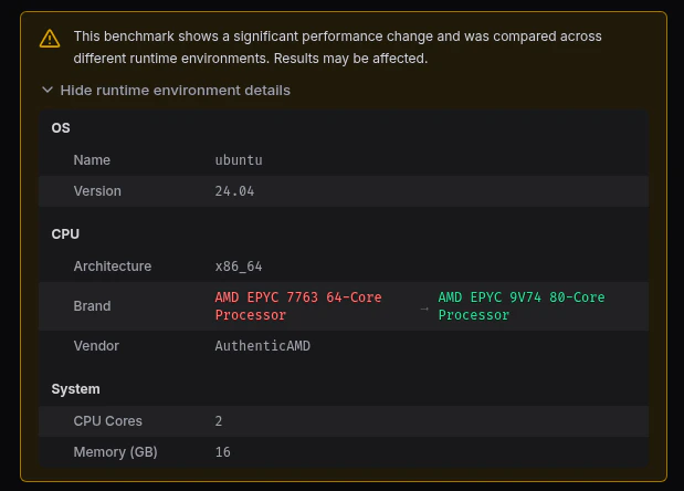 CodSpeed warning showing different runtime environments between base and head runs, with CPU brand mismatch highlighted