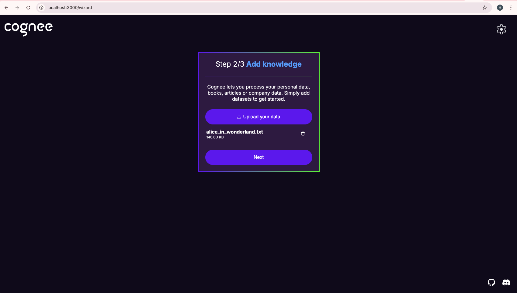 Cognee UI Add Knowledge Page