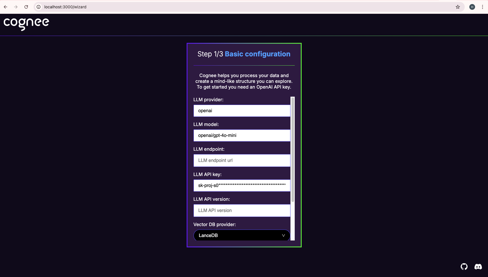 Cognee UI Basic Configuration Page