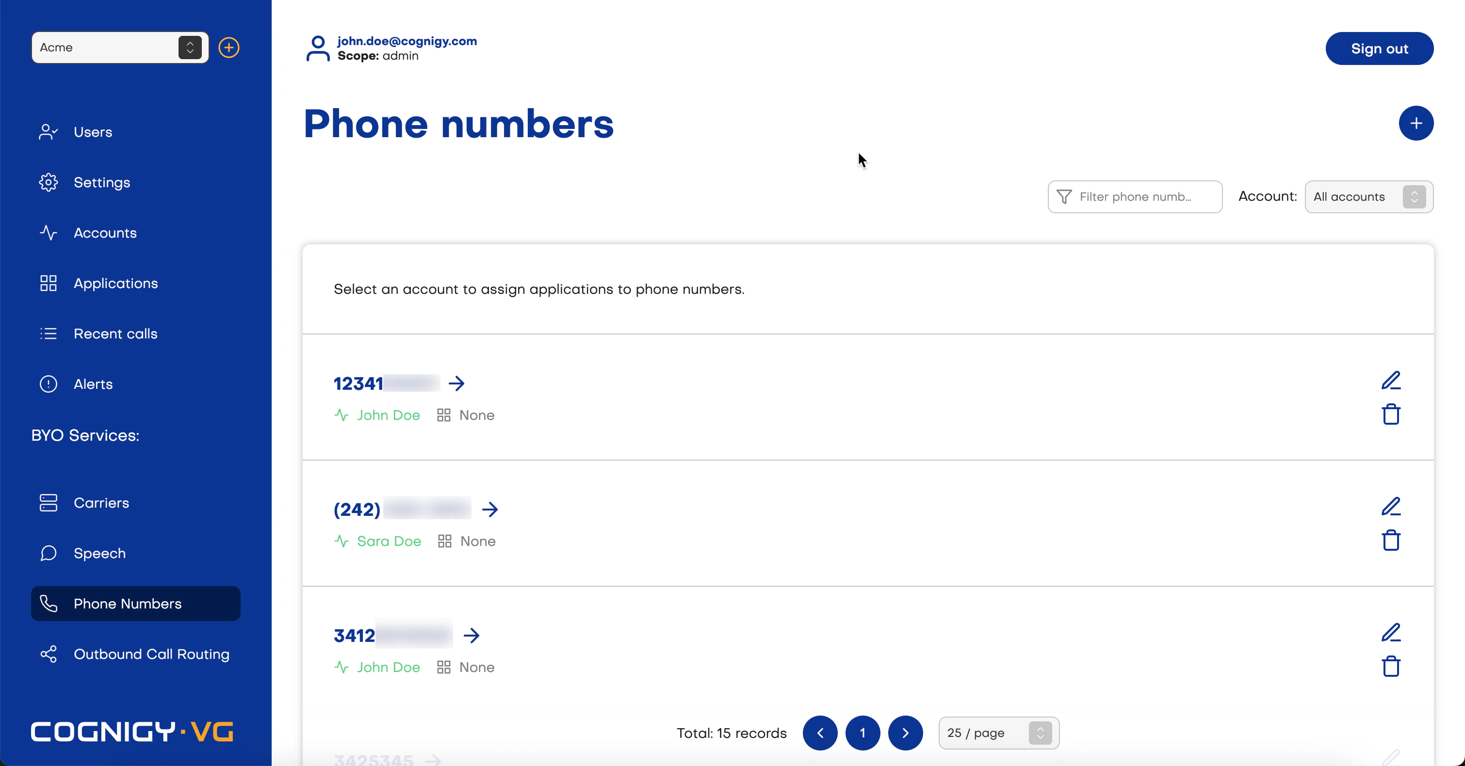 Voice Gateway phone numbers page showing numbers routed to Endpoints