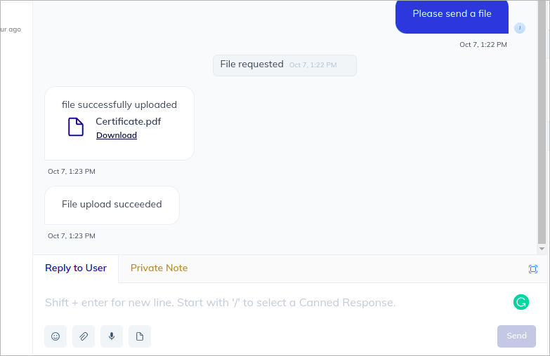 Live Agent request file upload completed