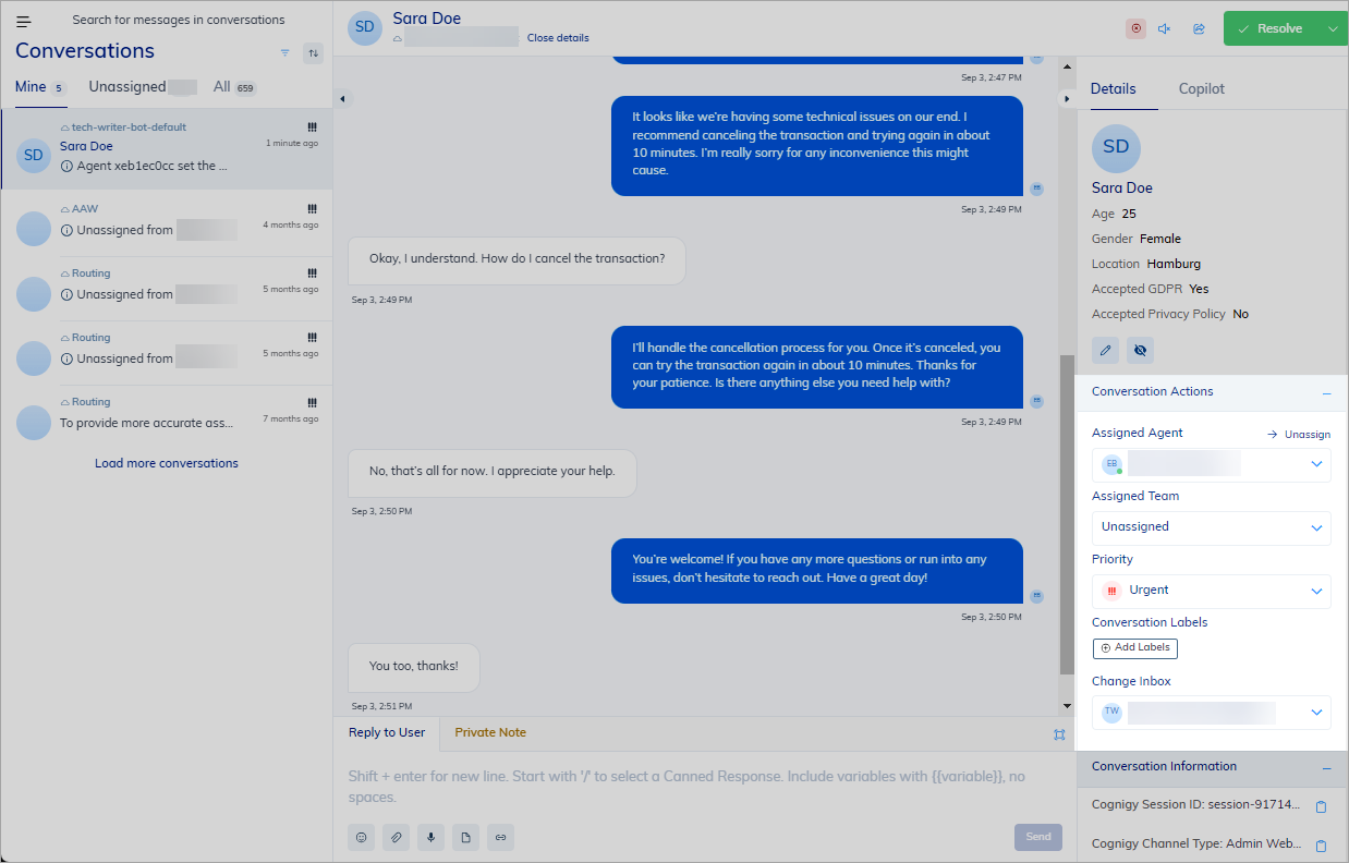 Live Agent Conversation Actions