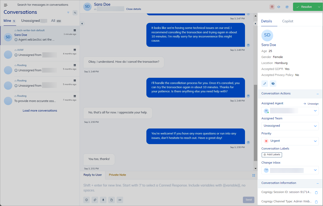Live Agent Conversation Details