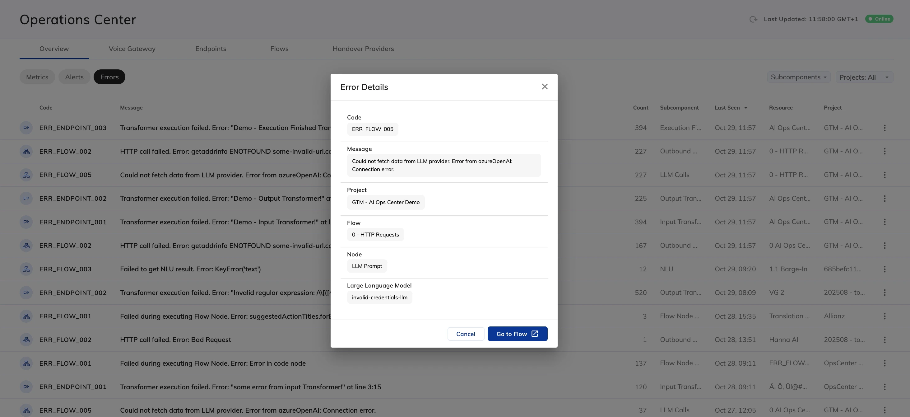 Ops Center Errors page with error details and navigation to resources