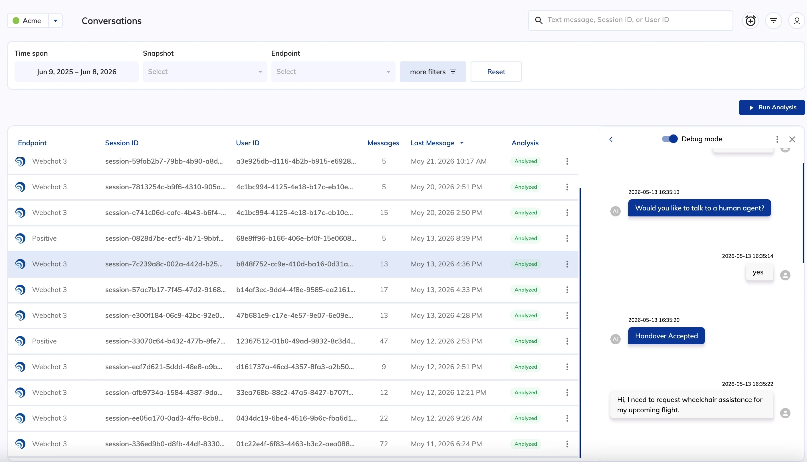Conversations interface showing a filtered list of sessions