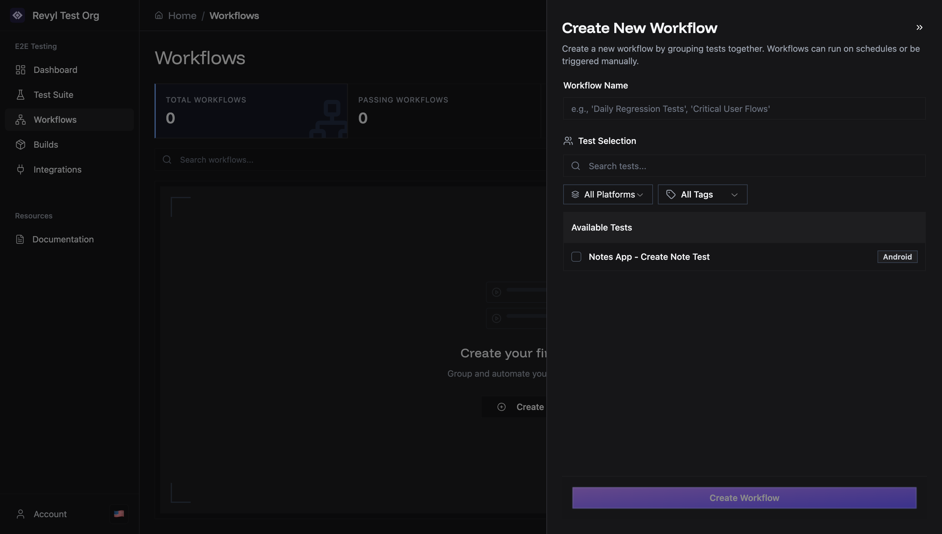 Create workflow dialog