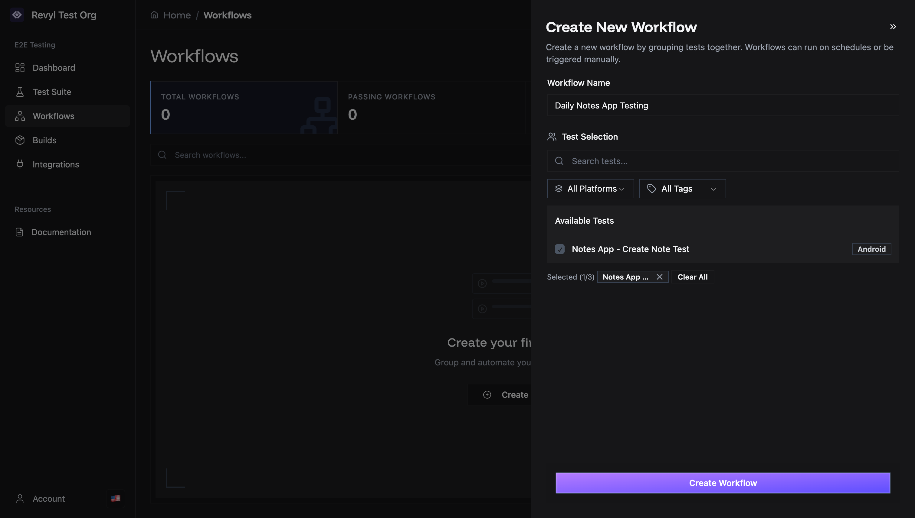 Workflow dialog with test selected