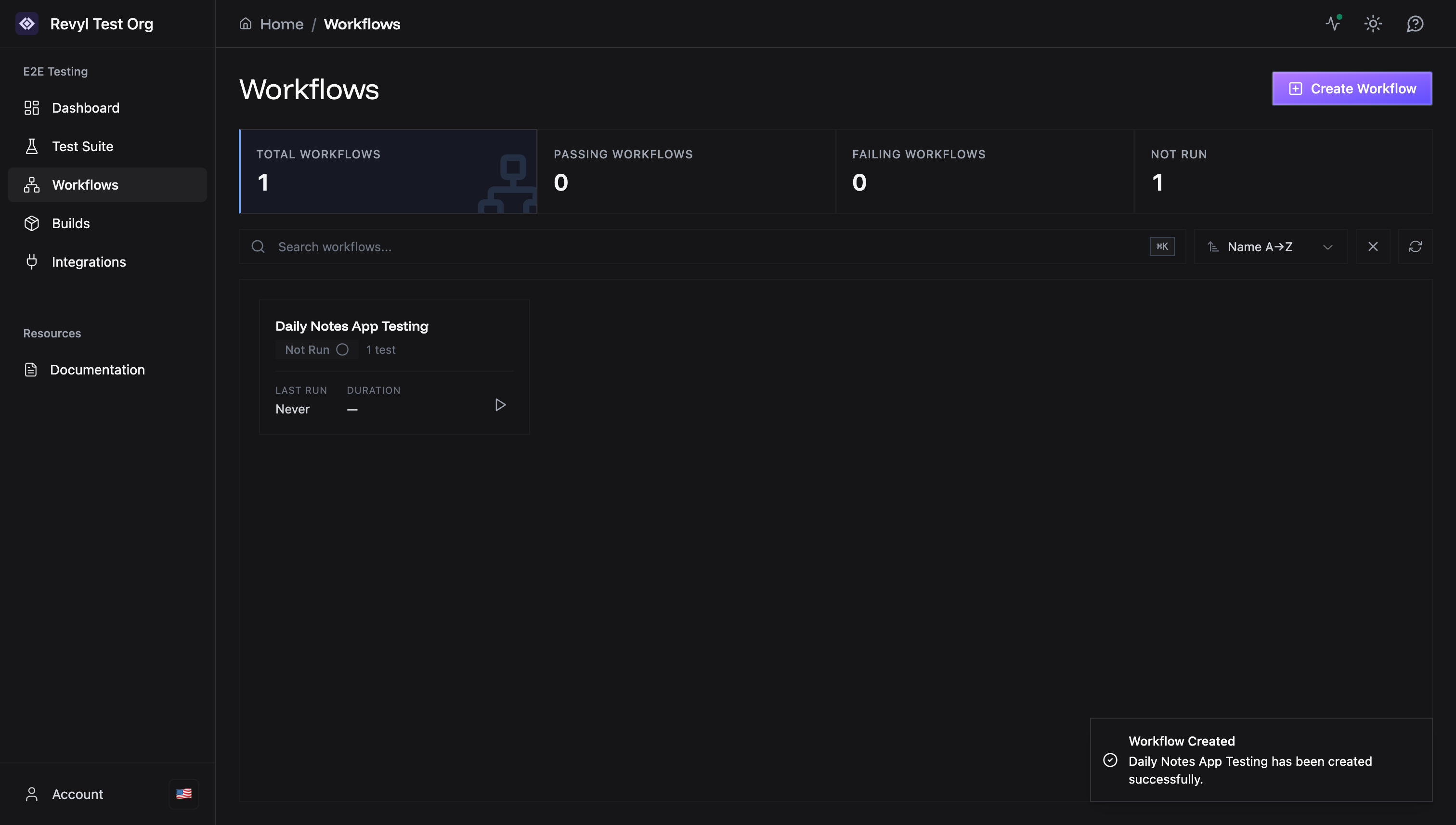 Workflows page with workflow