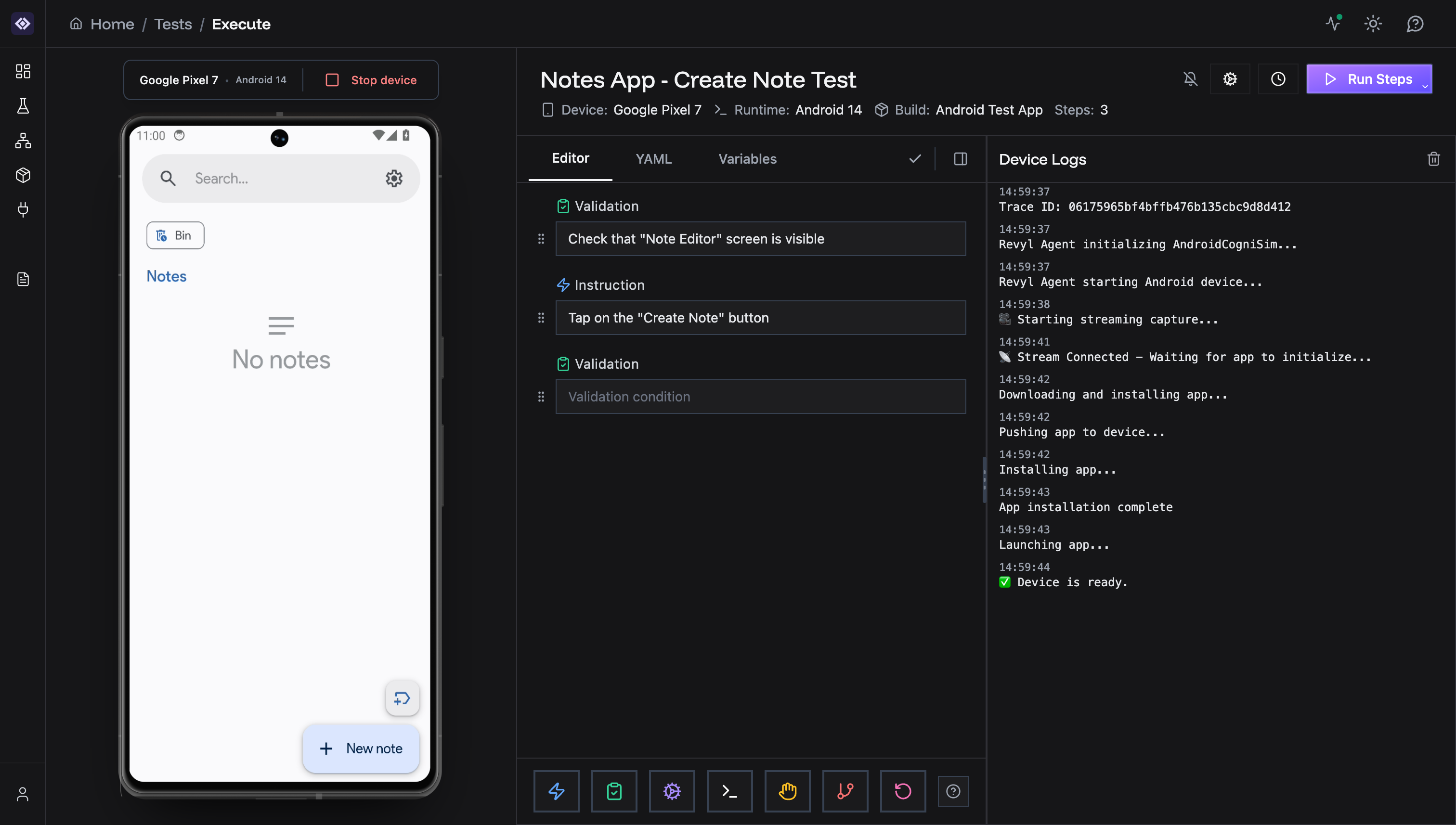 Test Editor with Device Logs showing initialization sequence