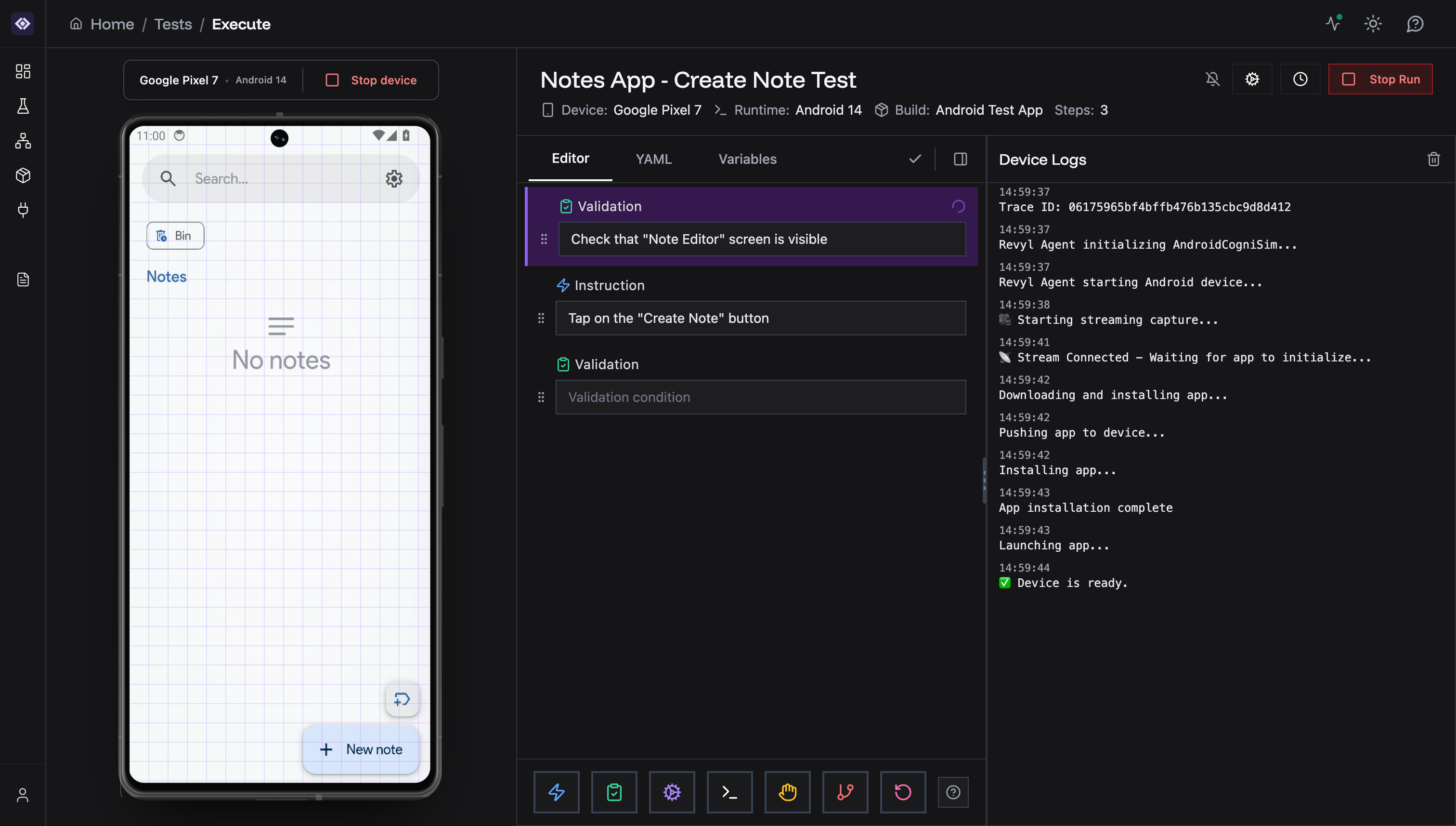 Test running - step highlighted with spinner