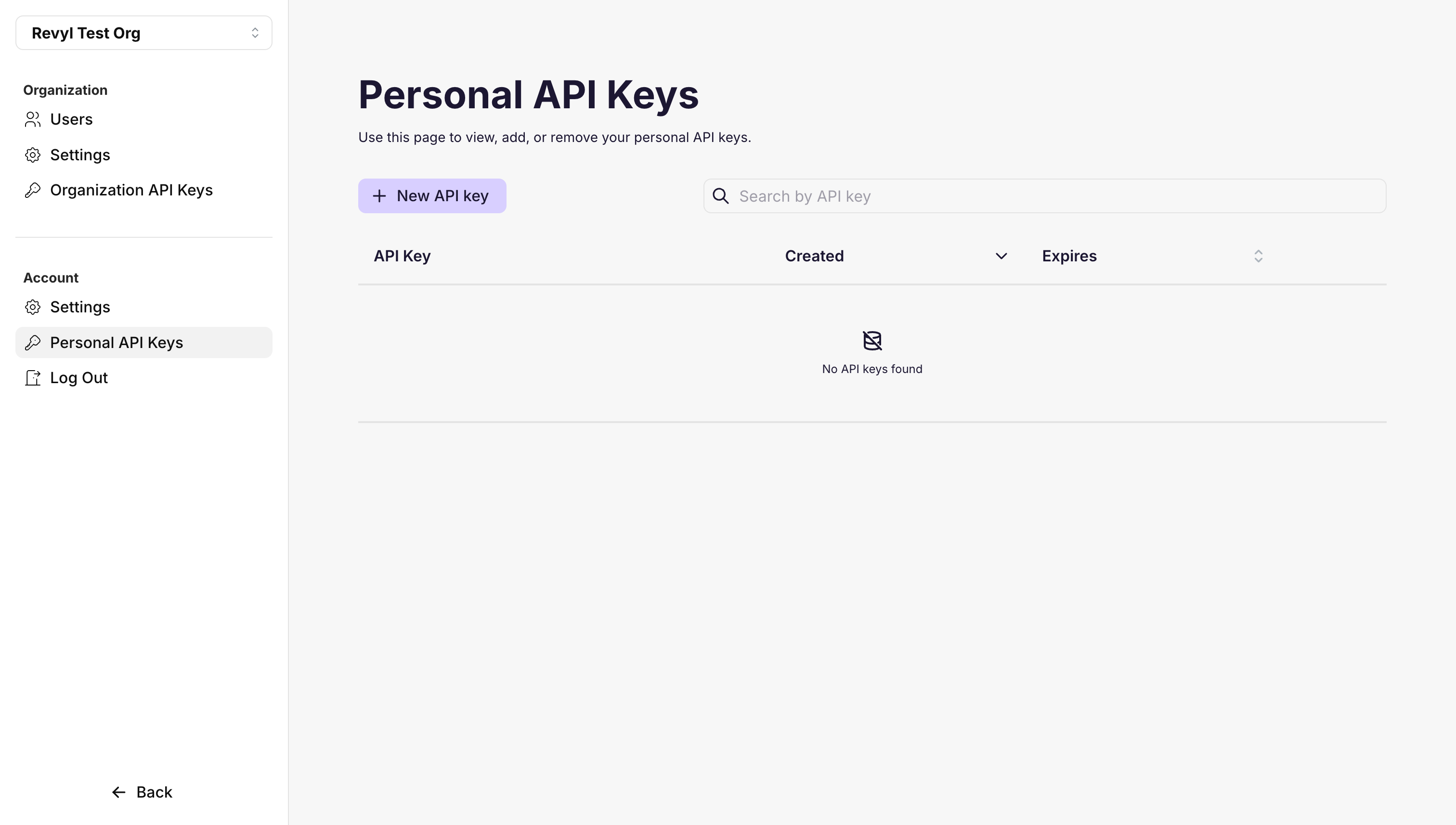 Empty API Keys page