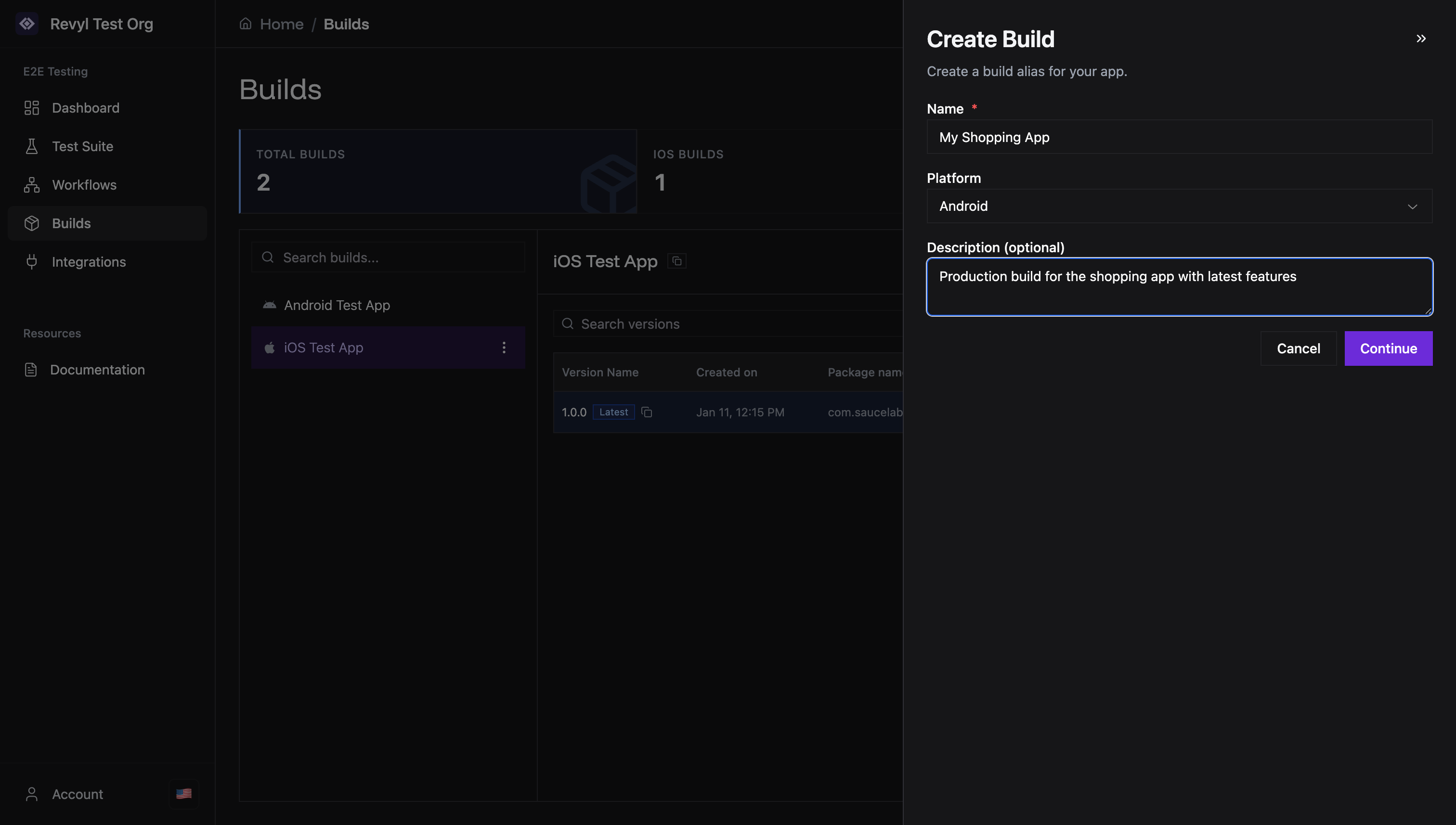 Filled build creation form