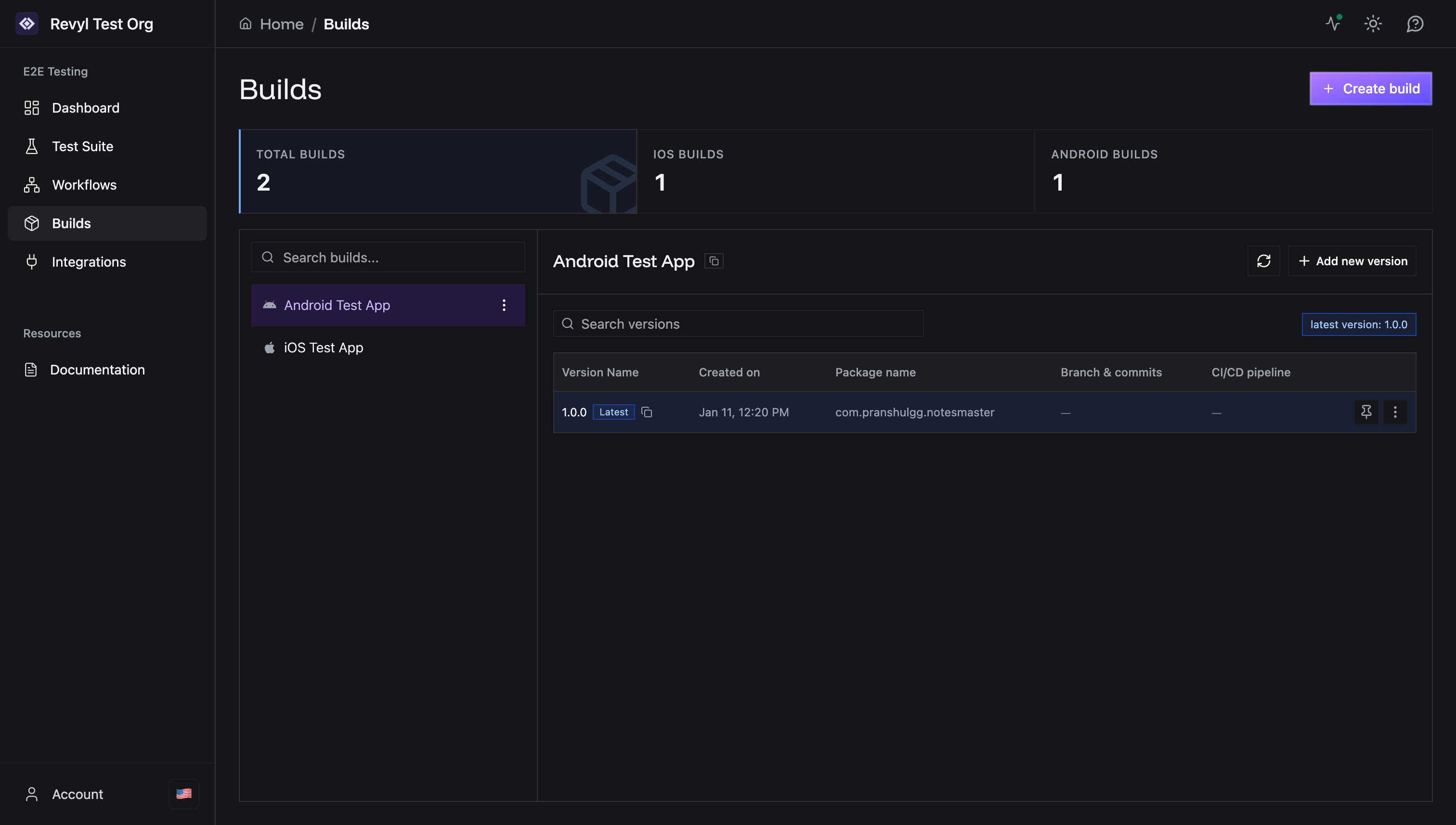 Build selection in test creation