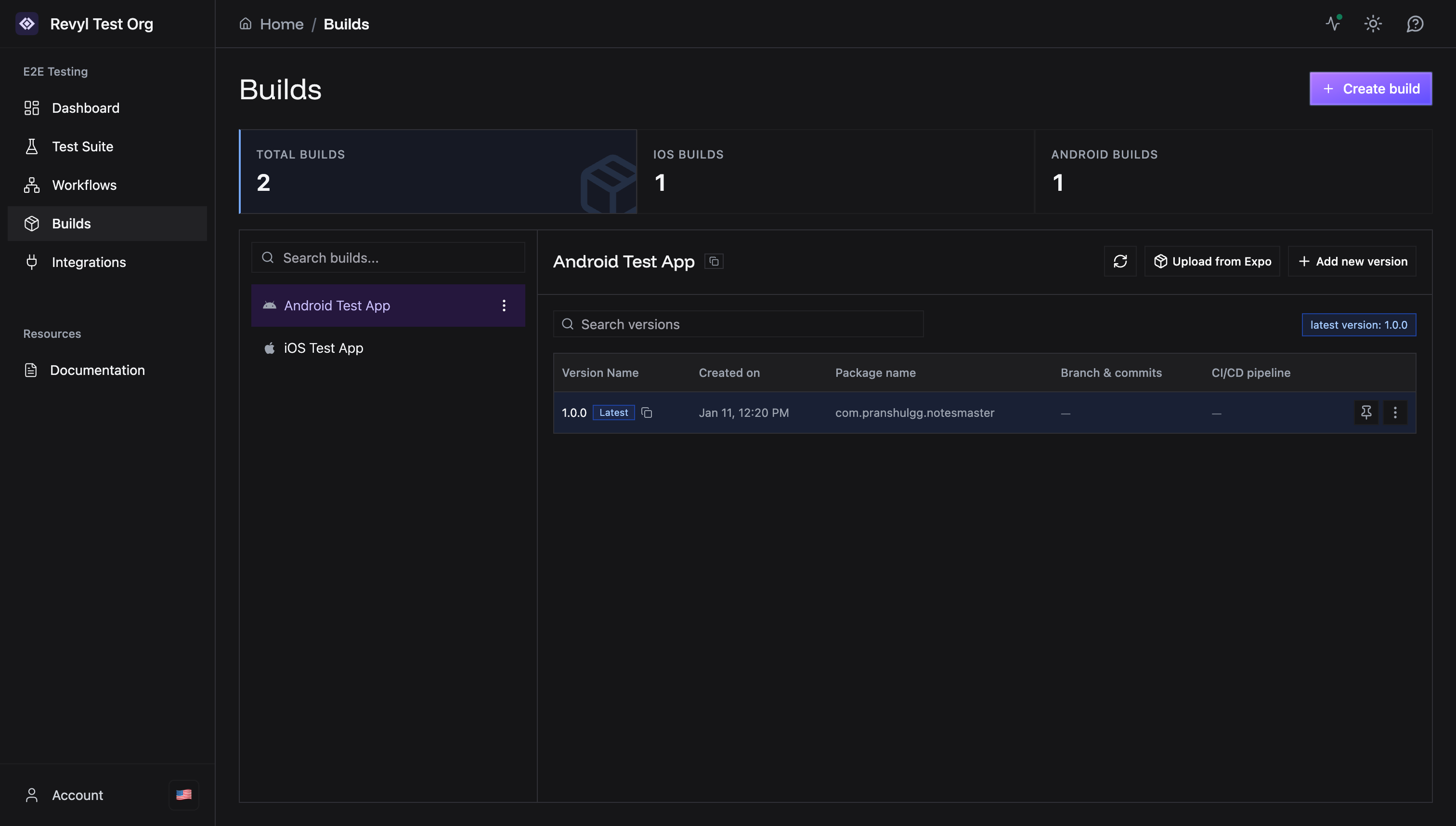 Builds page with Upload from Expo button