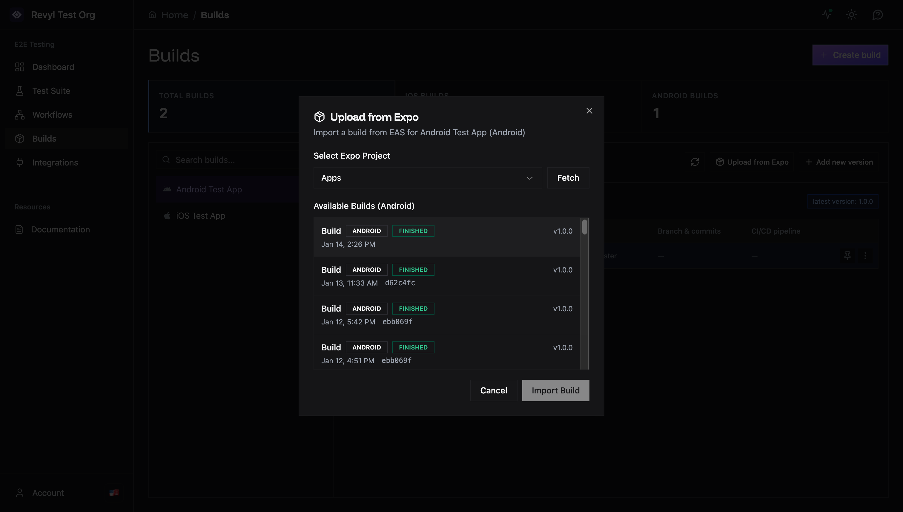 Expo import modal with build list