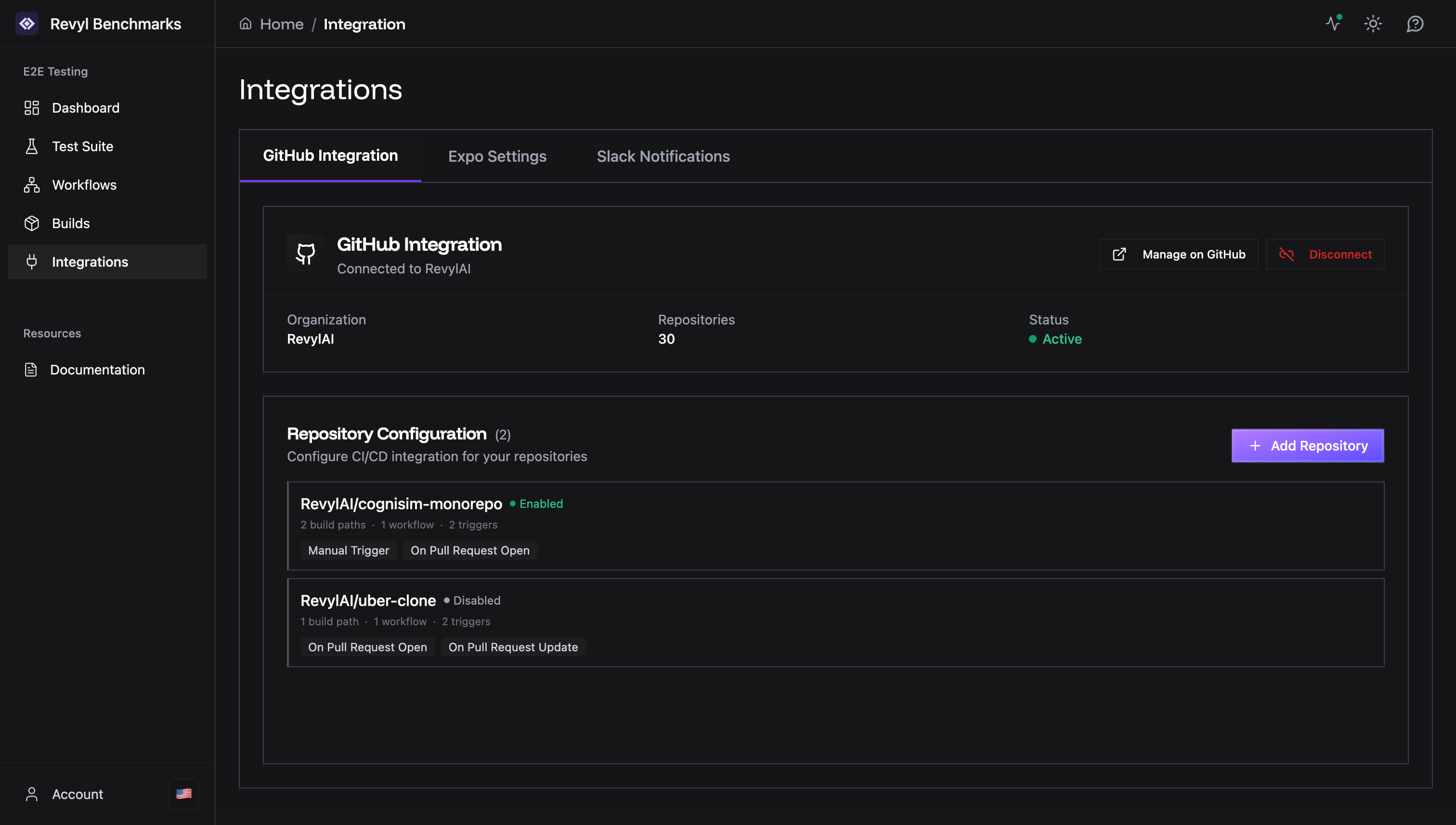 GitHub Integration tab