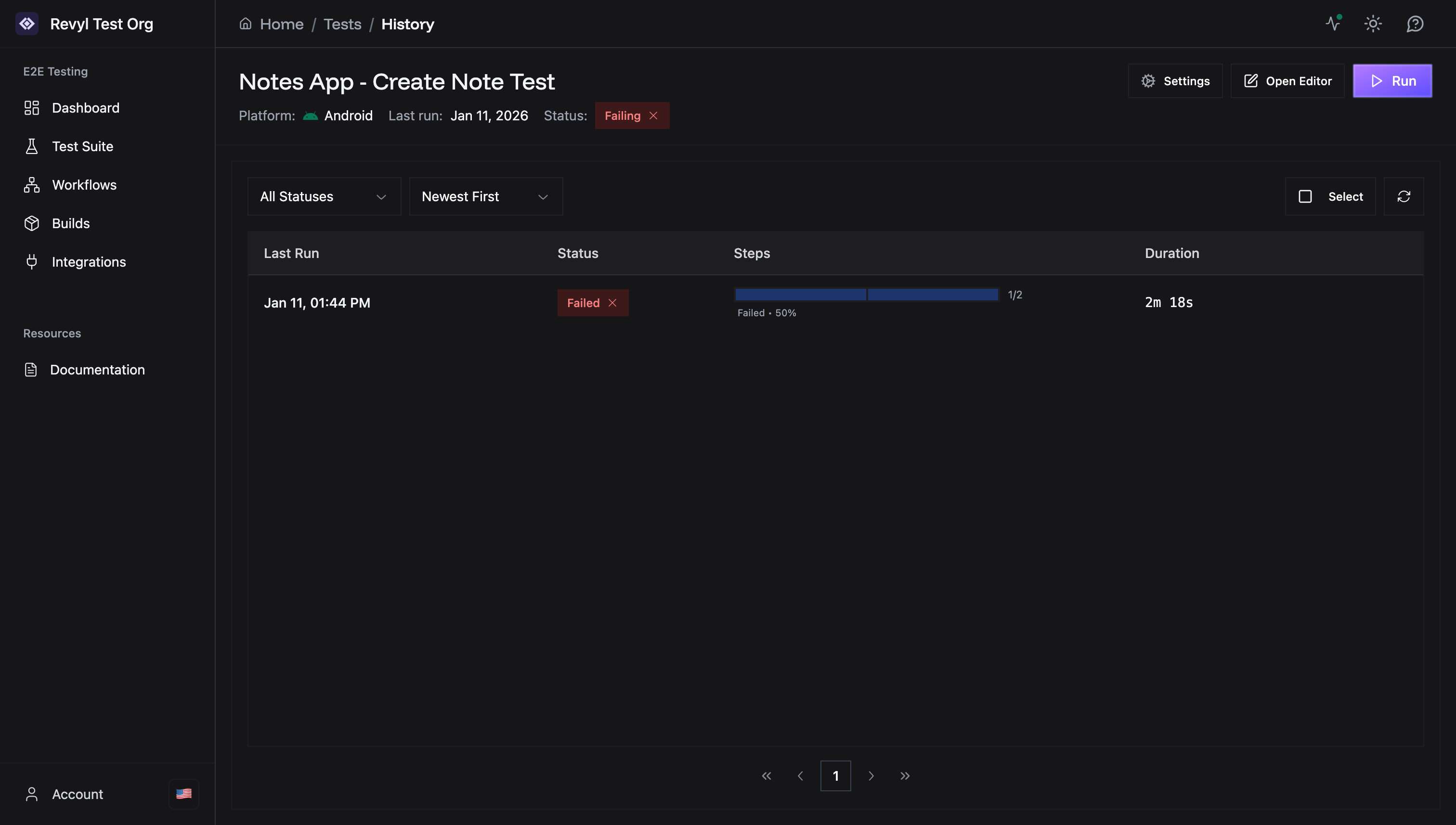 Test History with runs