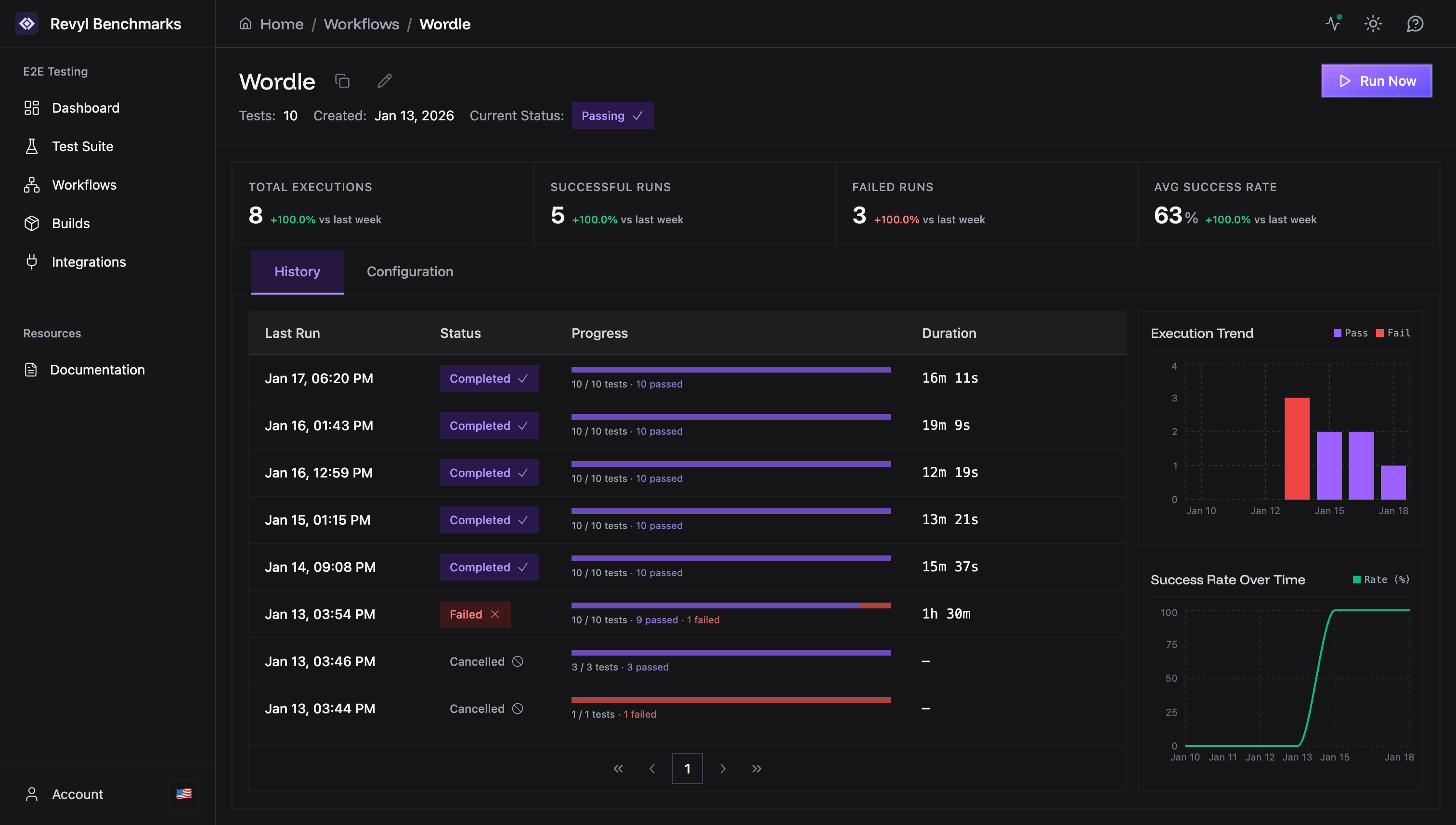 Workflow history with clickable rows