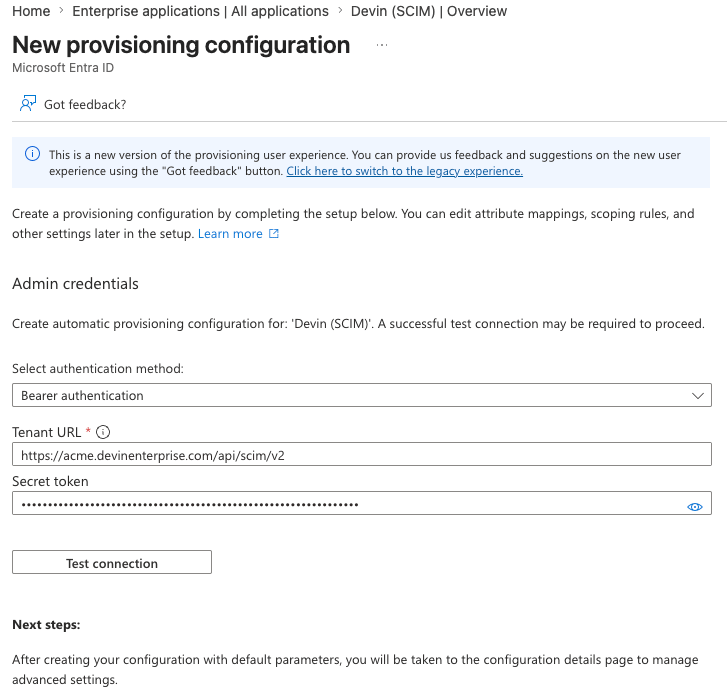 Mandanten-URL und Secret Token mit Bearer-Authentifizierung eingeben