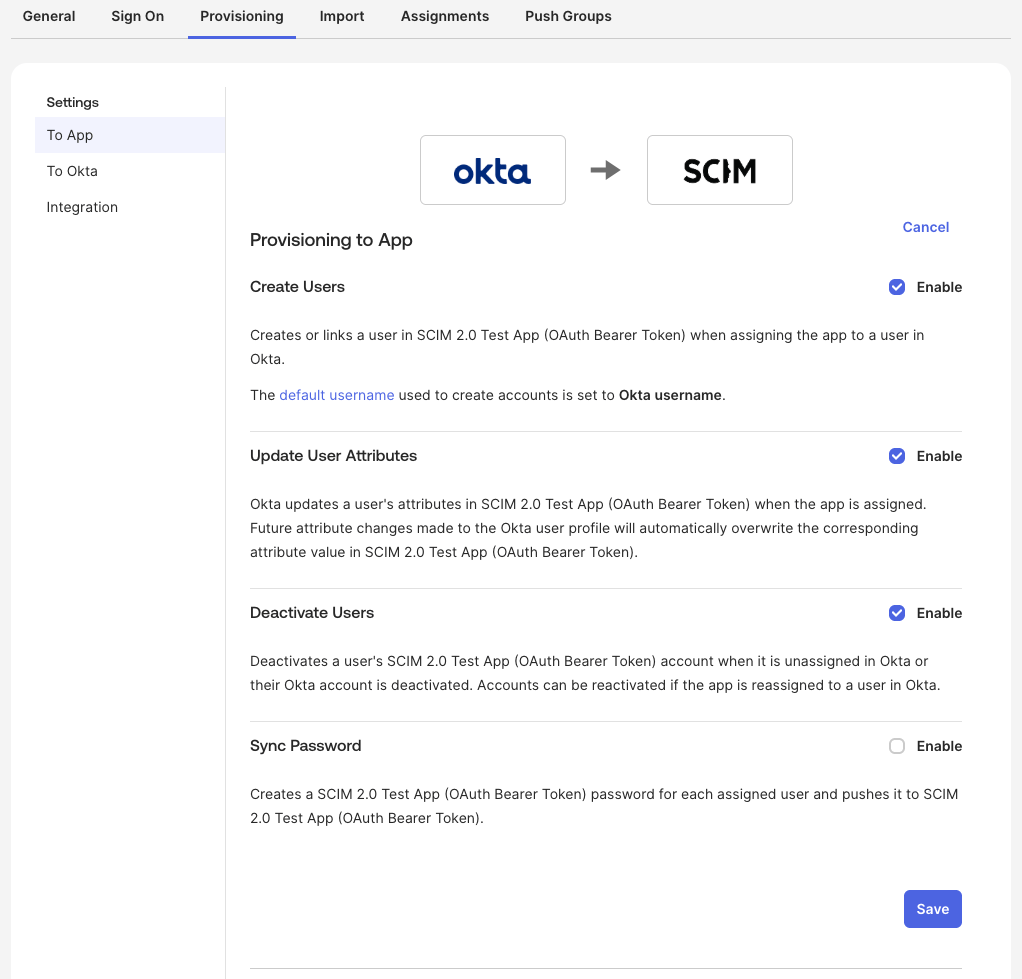 Create Users, Update User Attributes und Deactivate Users aktivieren