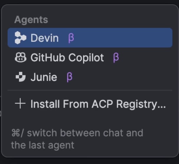 Agent selector menu showing the Install From ACP Registry option