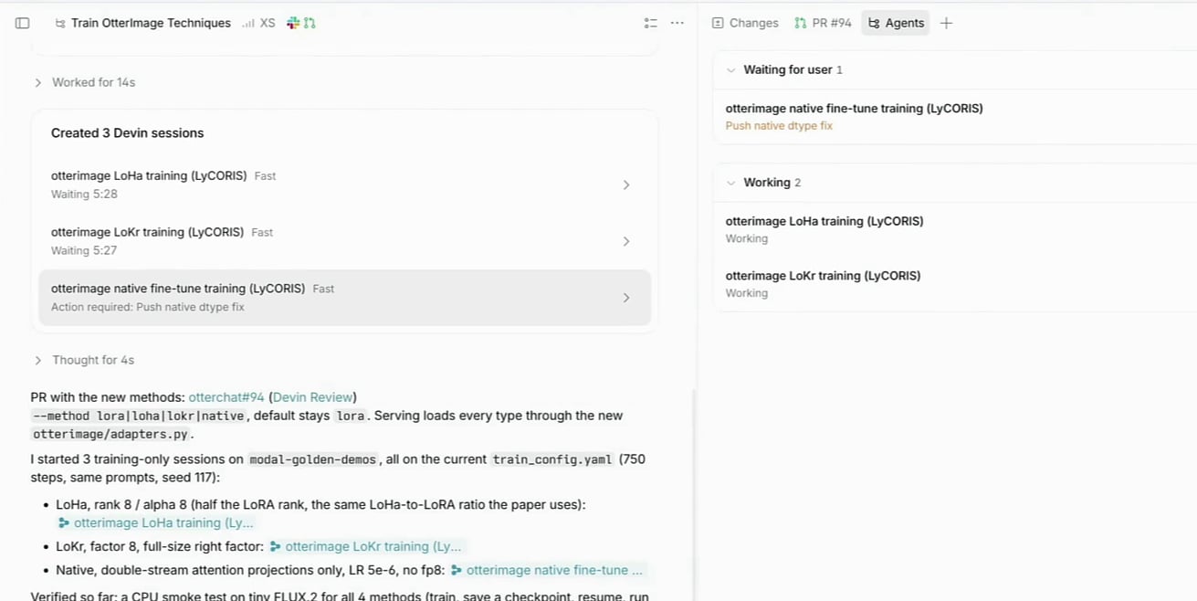 Devins Sitzung mit drei untergeordneten Sitzungen für LoHa, LoKr und natives Fine-Tuning