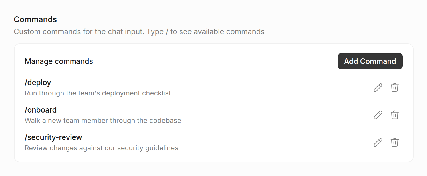 Slash commands management interface