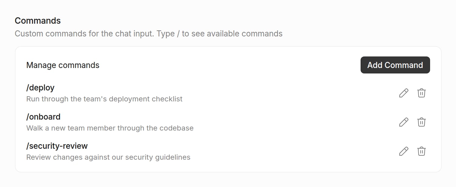 Slash commands management interface