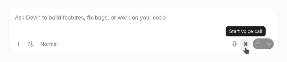 波形のiconにポインターを合わせ、Start 通話のツールチップが表示されているDevinのメッセージボックス。