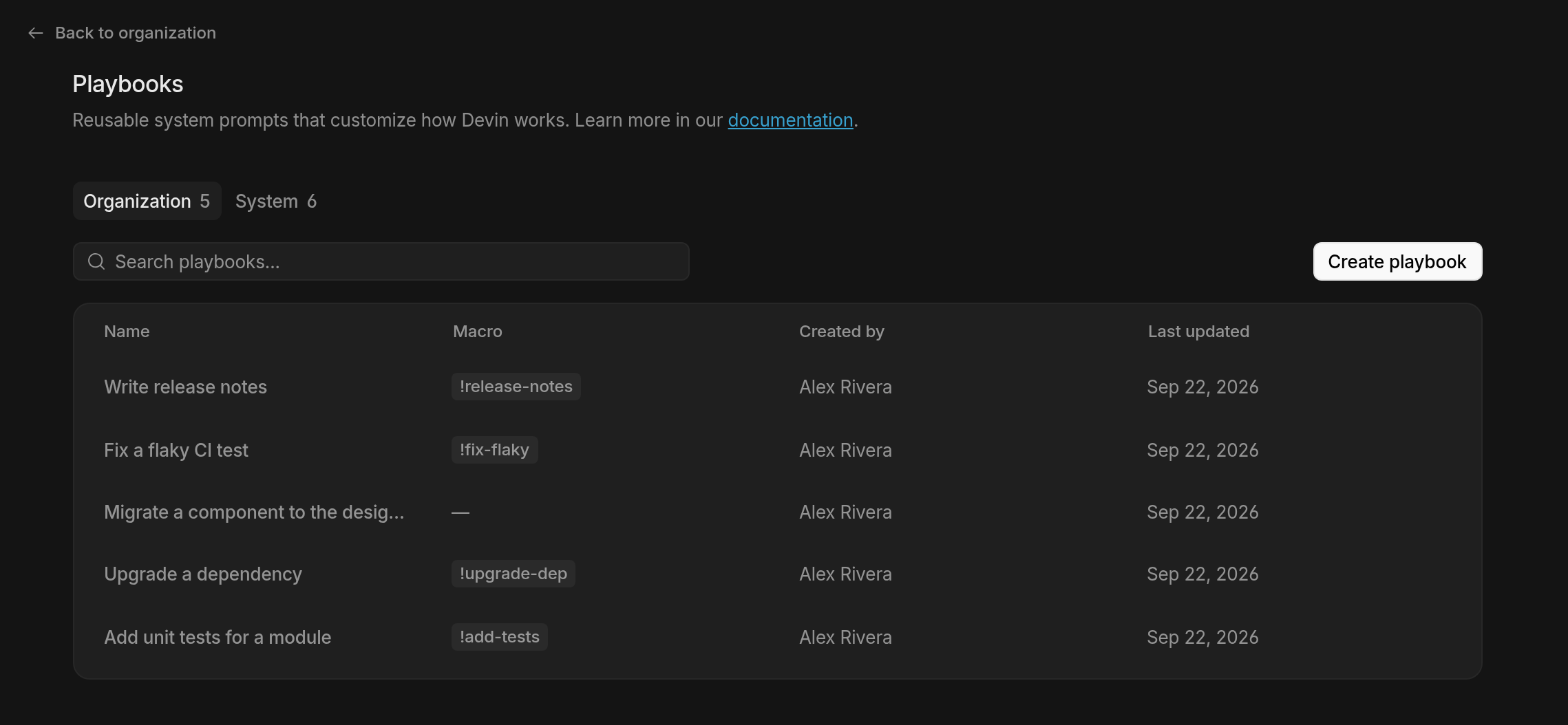 The Playbooks settings page showing the Organization and System tabs, the playbook table with macros, and the Create playbook button