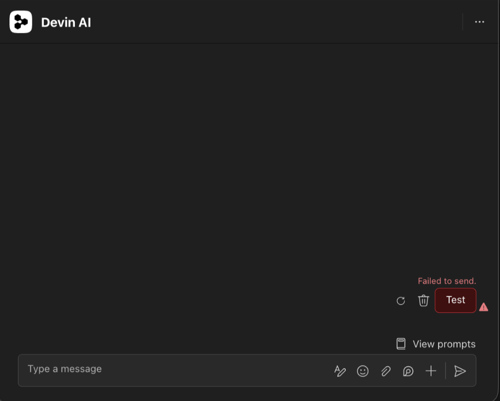Microsoft Teams chat with Devin AI showing a "Failed to send." error