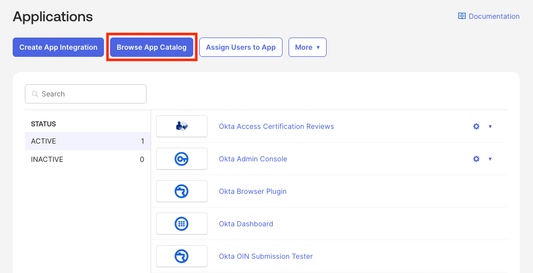 Browse App Catalog sur la page Applications d’Okta