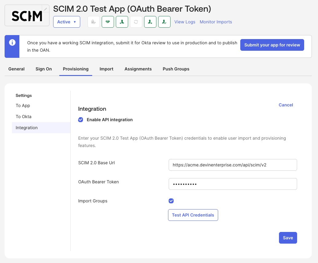 Configuration de l’intégration d’API SCIM avec l’URL de base et le jeton Bearer