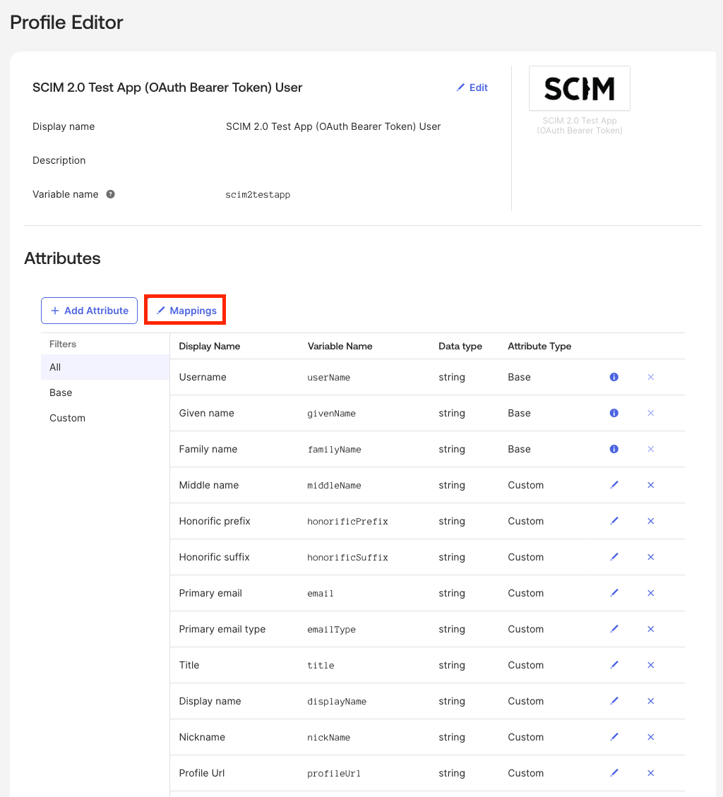 Bouton Mappings dans le Profile Editor d’Okta