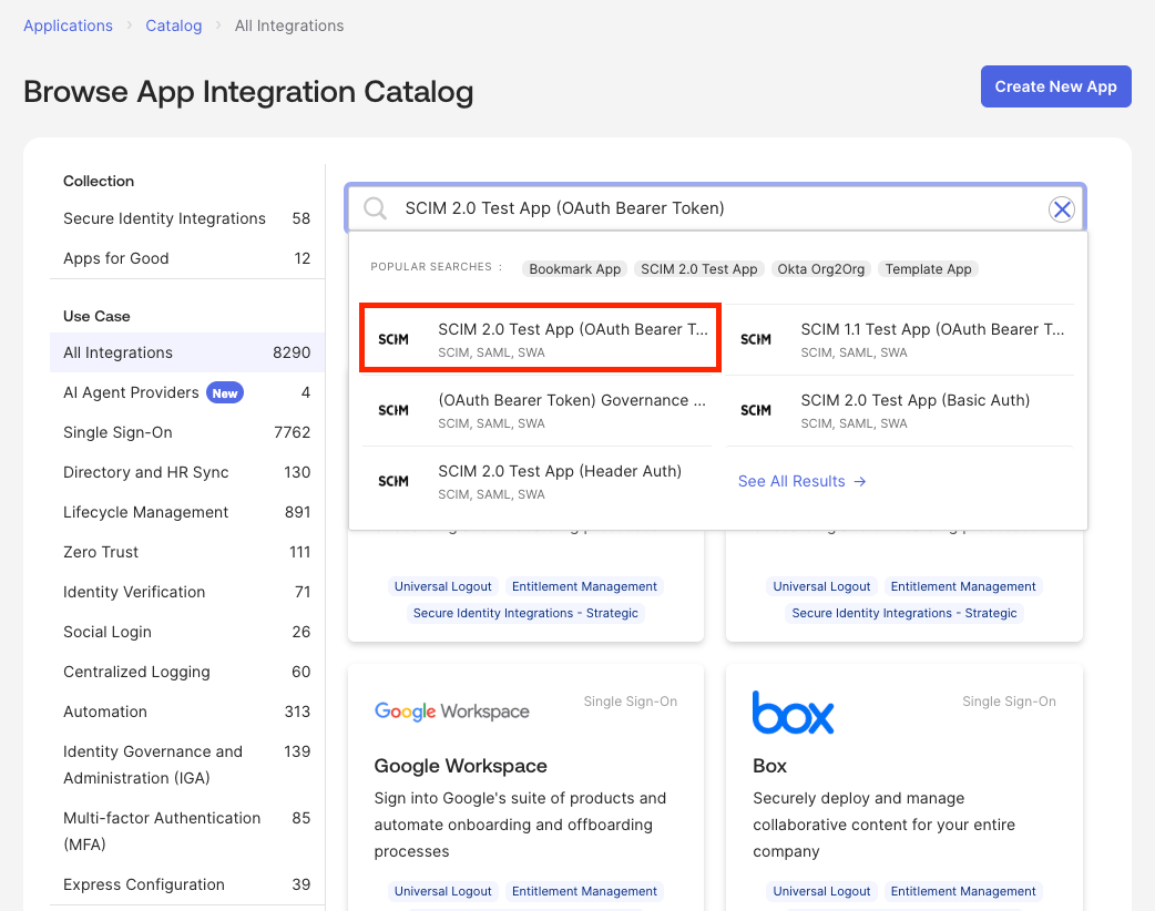 Recherche de l’intégration SCIM 2.0 Test App (OAuth Bearer Token)
