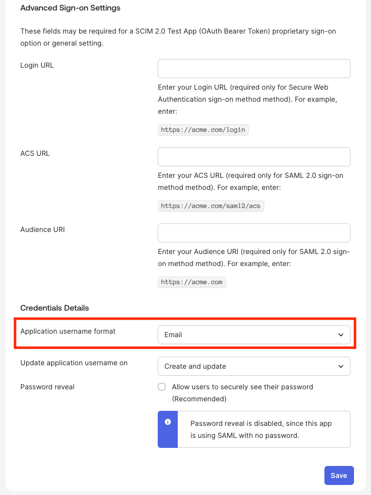Format du nom d’utilisateur de l’application défini sur Email dans les paramètres Sign On