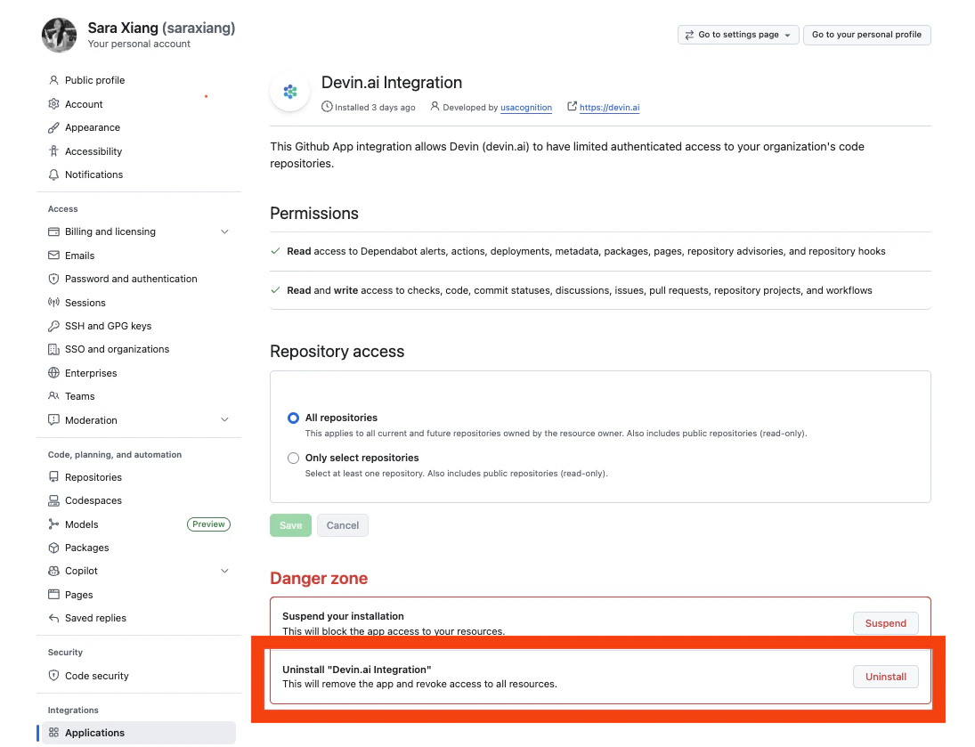 Devin.ai Integration をアンインストールする