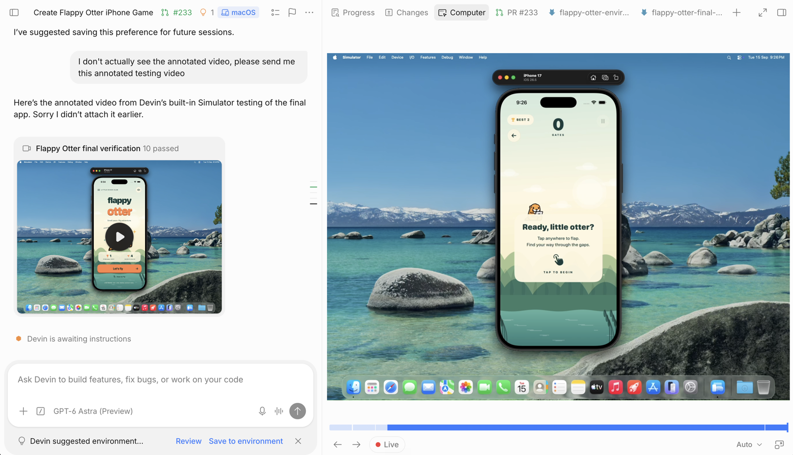 iOS シミュレータで Flappy Otter を表示する Computer タブ