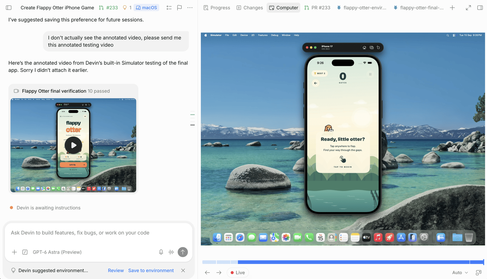 iOS シミュレータで Flappy Otter を表示する Computer タブ