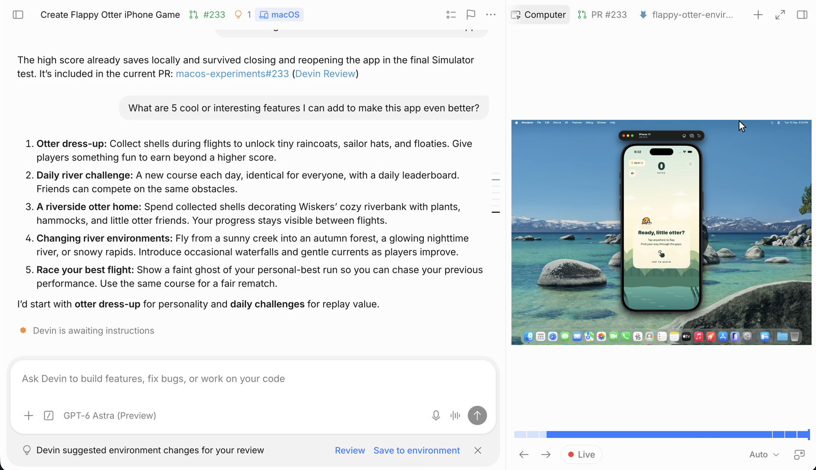 同じセッションで Devin に Flappy Otter の機能追加を依頼する