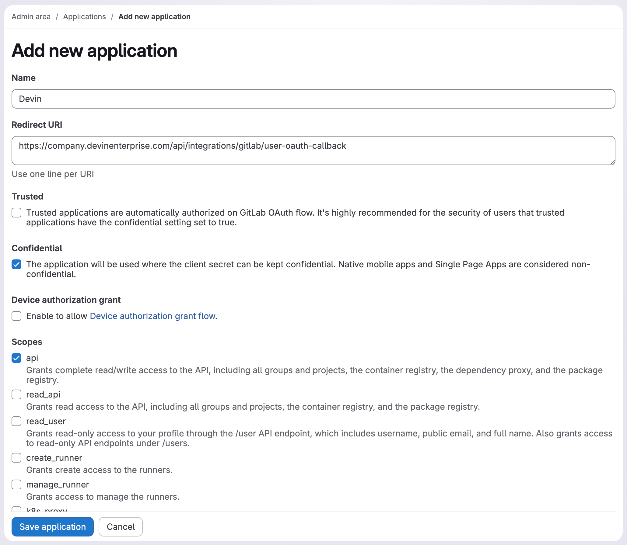 Paramètres de l’application OAuth GitLab
